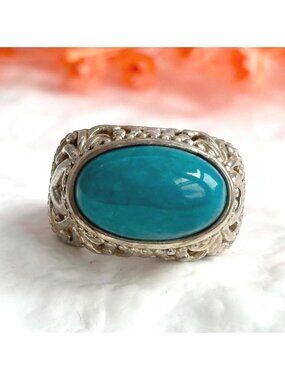 Natural Turquoise Cabochon Balinese Insp Sterling Silver 925 Vintage Ring - sz 5